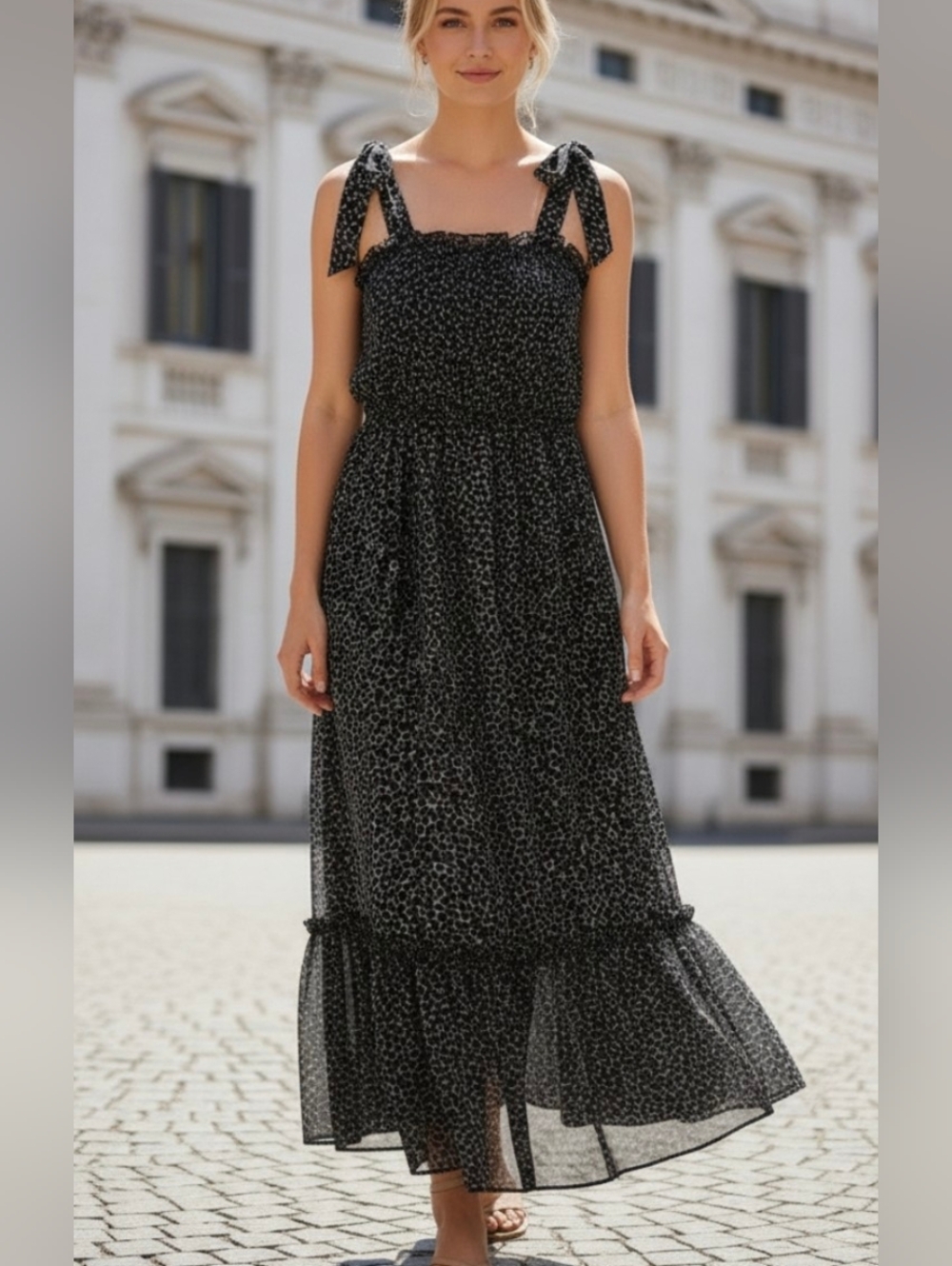 Who What Wear Women's Black Micro-Print Tie-Shoulder Maxi Dress.Size L